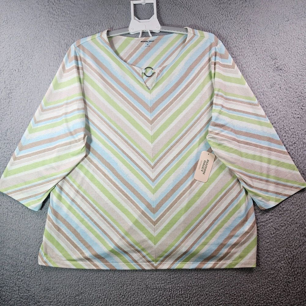 NWT Allison Daley Topโ Blouse Women 2X Green Blue Brown Beige Striped NEW